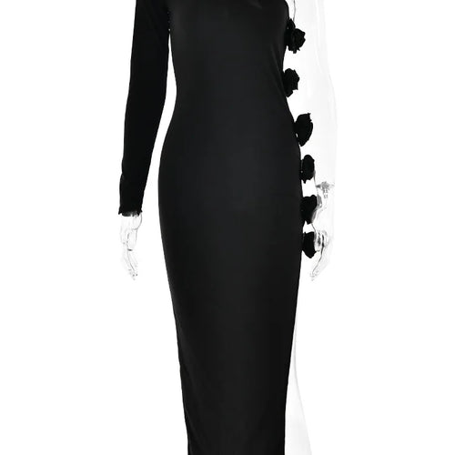 Load image into Gallery viewer, One Shoulder Long Sleeve 3D Flower Dress Women's High Split Bodycon Backless Midi Dress Female Party Club Evening Dress
