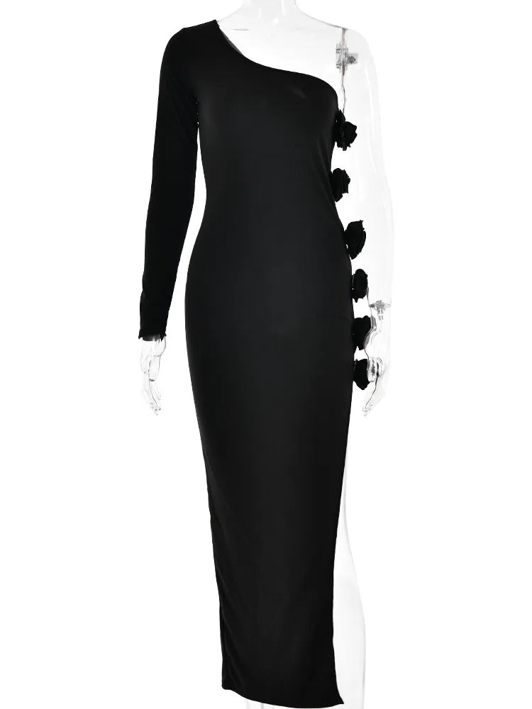 One Shoulder Long Sleeve 3D Flower Dress Women's High Split Bodycon Backless Midi Dress Female Party Club Evening Dress