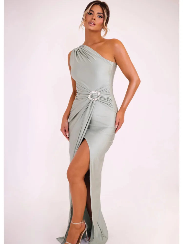 Elegant Diagonal High Split Pleated Evening Dress For Women Elastic Tight Sexy Maxi Female Party Summer 2024 New Vesidos