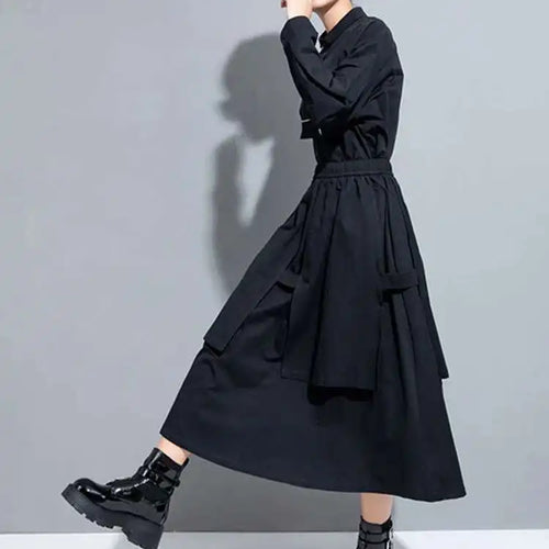 Load image into Gallery viewer, High Elastic Waist Black Layers Irregular Long A-line Half-body Skirt Women Fashion Tide New Spring Autumn 2025 1DH1082
