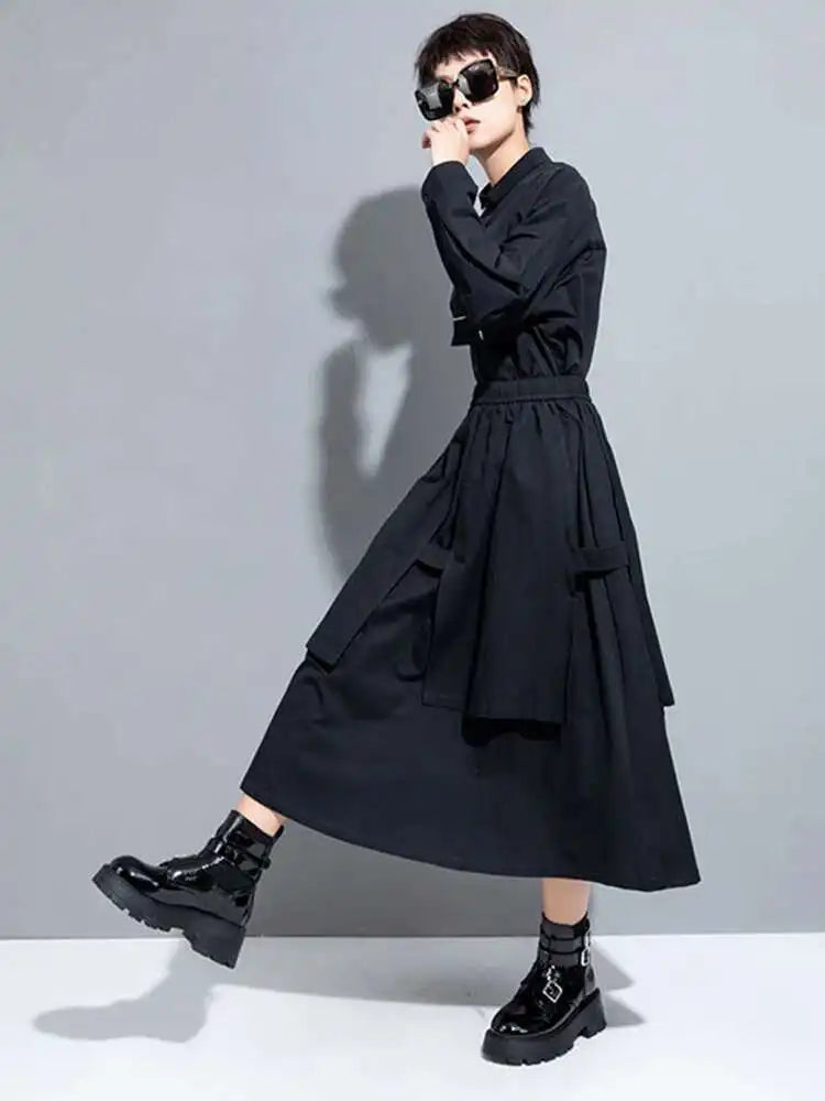 High Elastic Waist Black Layers Irregular Long A-line Half-body Skirt Women Fashion Tide New Spring Autumn 2025 1DH1082