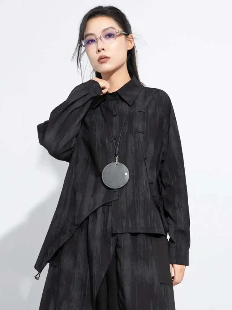 Women Black Irregular Tie Dye Big Size Elegant Blouse New Lapel Long Sleeve Shirt Fashion Tide Spring Autumn 2025 1DH7715