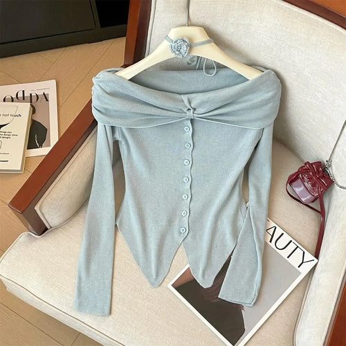 Load image into Gallery viewer, Spring Women&#39;s Purple Blue Off Shoulder Festival Irregular Cardigan Sweater Korean Fashion Beige Single Breasted Short Knit Tops
