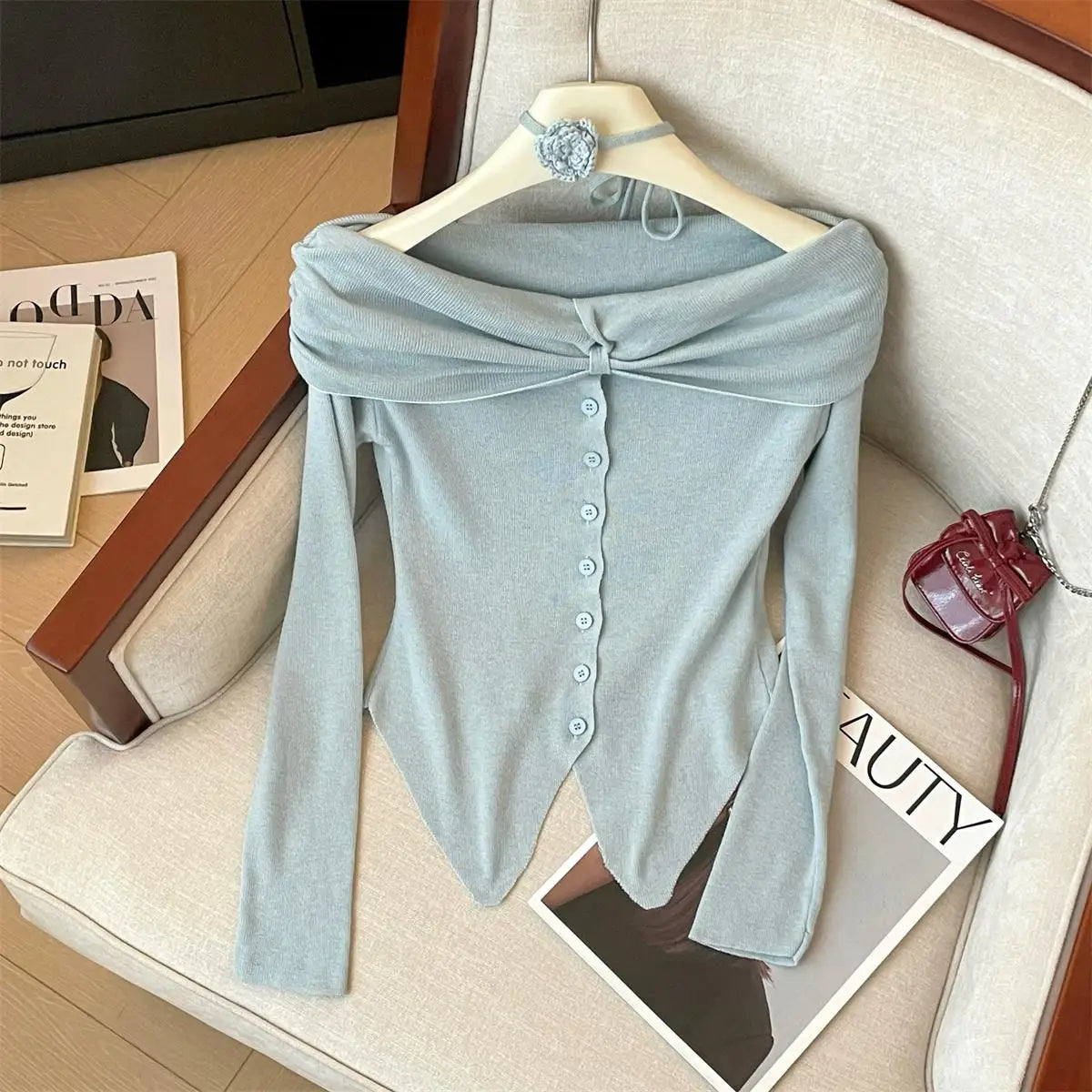 Spring Women's Purple Blue Off Shoulder Festival Irregular Cardigan Sweater Korean Fashion Beige Single Breasted Short Knit Tops