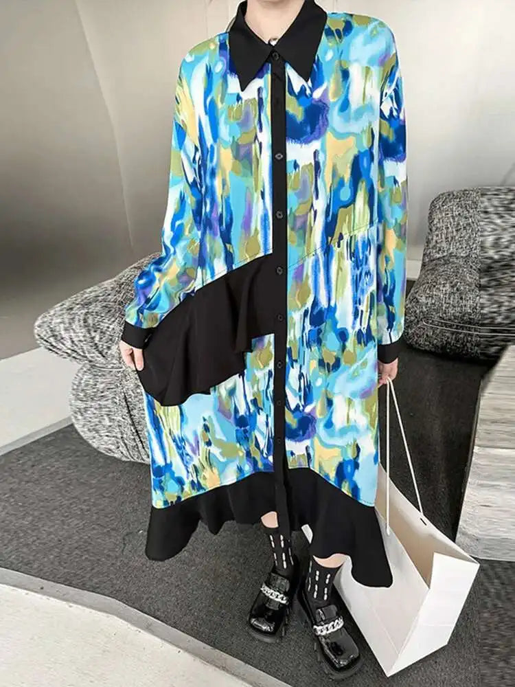 Women Green Pattern Printed Irregular Big Size Shirt Dress New Lapel Long Sleeve Fashion Tide Spring Autumn 2025 1DH4829