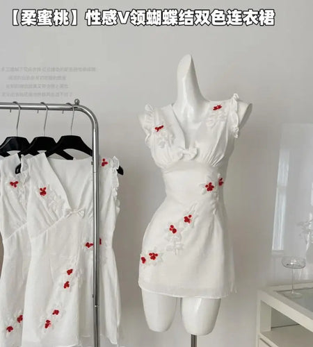 French Vintage Women's White Flower V Neck Elegant Holiday Short Vest Dress Summer Brown Sleeveless Ruffles Party Dress New Chic