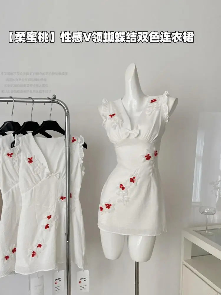 French Vintage Women's White Flower V Neck Elegant Holiday Short Vest Dress Summer Brown Sleeveless Ruffles Party Dress New Chic