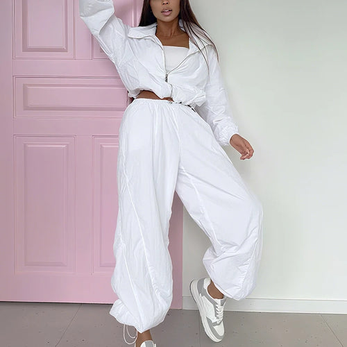 Load image into Gallery viewer, Sporty Stripe 2-Piece Set Women Zipper Crop Coats+Drawstring Trousers Skinny Casual Autumn Trend Simple Classic Suits
