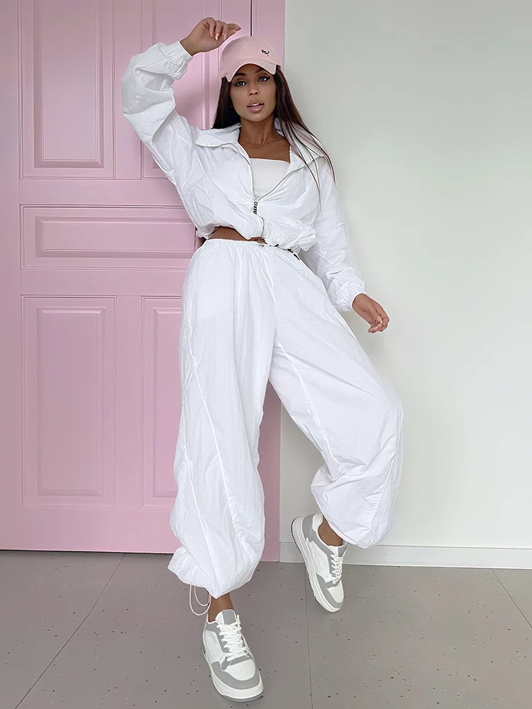 Sporty Stripe 2-Piece Set Women Zipper Crop Coats+Drawstring Trousers Skinny Casual Autumn Trend Simple Classic Suits