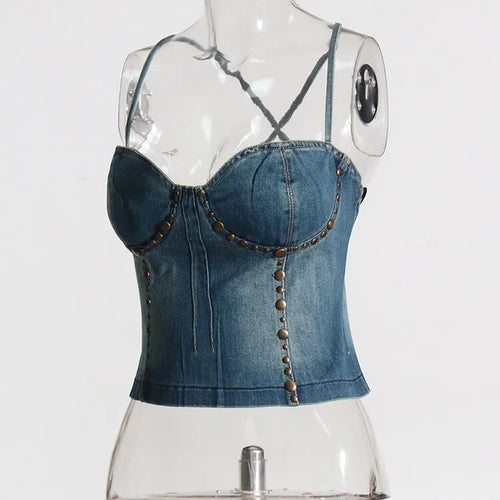Load image into Gallery viewer, Patchwork Rivet Slimming Sexy Vests For Women Square Collar Sleeveless Backless Denim Vest Female Fashion Clothing

