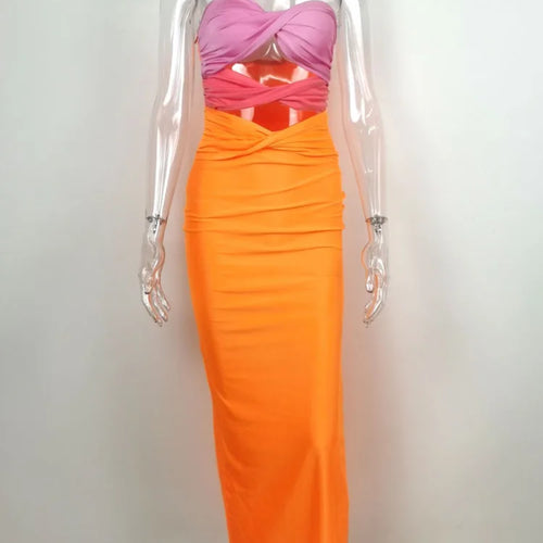 Load image into Gallery viewer, Elegant Patchwork Hollow Out Bodycon Women Dress Summer Contrasting Color Knitted Slim Fit Long Holiday Party Vestidos
