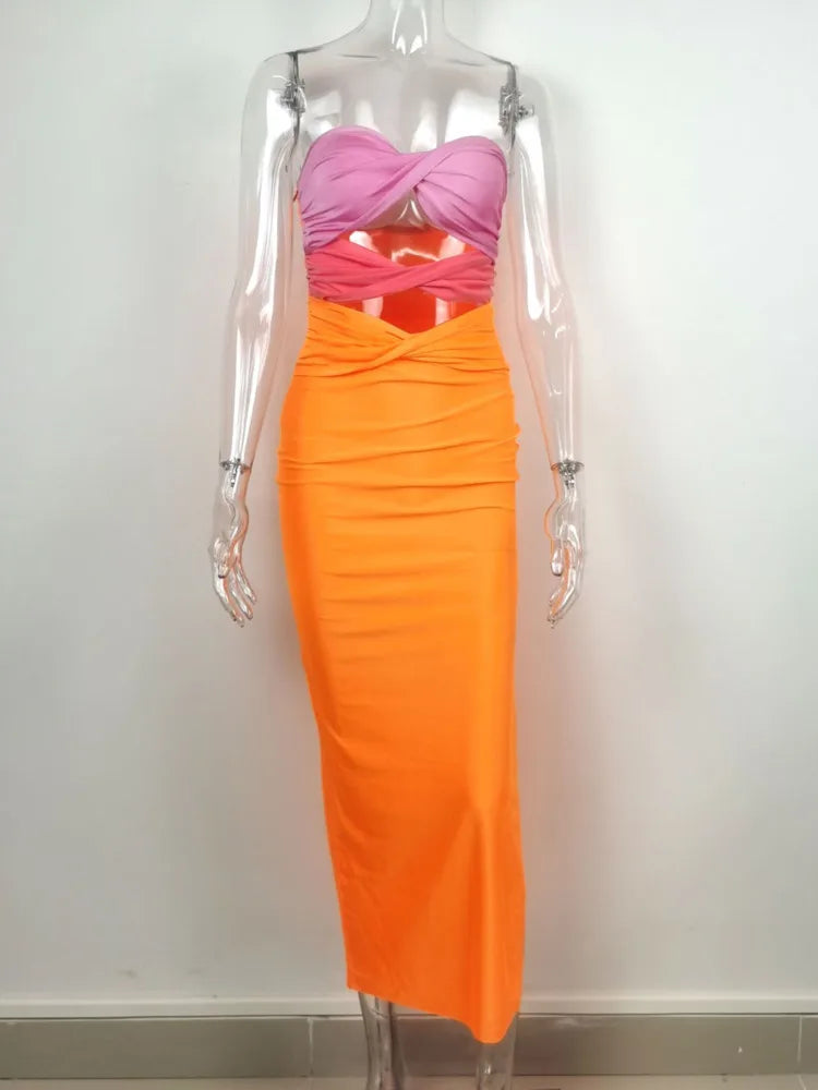 Elegant Patchwork Hollow Out Bodycon Women Dress Summer Contrasting Color Knitted Slim Fit Long Holiday Party Vestidos