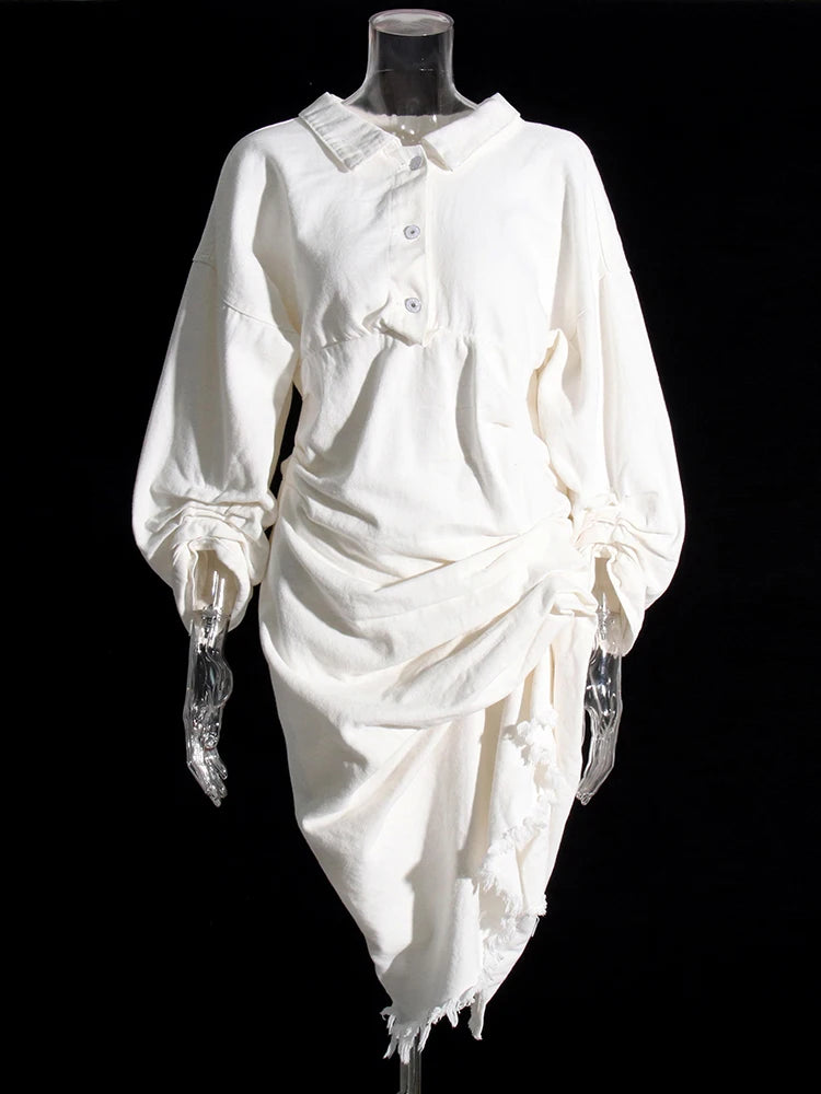 Spliced Tassel Casual Dress For Women Slash Neck Long Sleeve High Waist Irregular Tunic A Line Mini Dresses Female Clothing