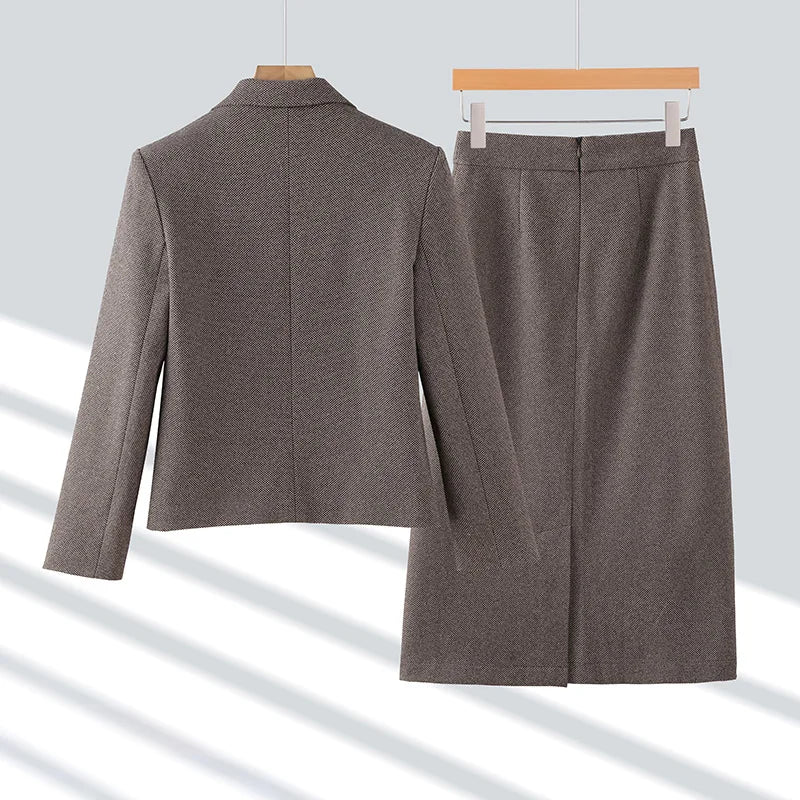 2024 Autumn Winter Suit New Women's Clothing Brown Gray Double Breasted Blazer Jacket And High Waist Long Skirt Two Pieces Sets