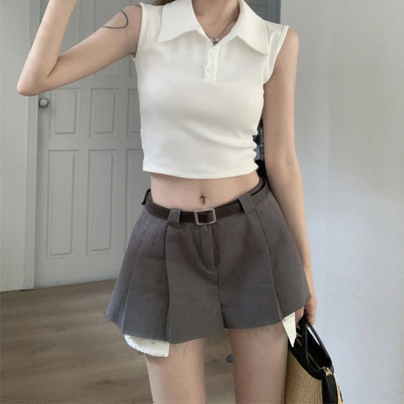 y2k Tank Top Women Summer Clothes Solid Color Turn Down Collar Buttons Sleeveless Tshirt Vest 2000s Clothing Streetwear