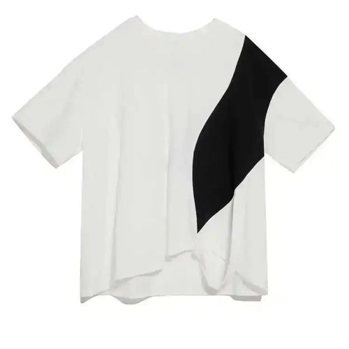 Load image into Gallery viewer, Women White Color-block Irregular Big Size T-shirt New Round Neck Half Sleeve Fashion Tide Spring Summer 2025 1DE8661
