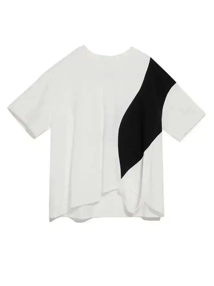 Women White Color-block Irregular Big Size T-shirt New Round Neck Half Sleeve Fashion Tide Spring Summer 2025 1DE8661