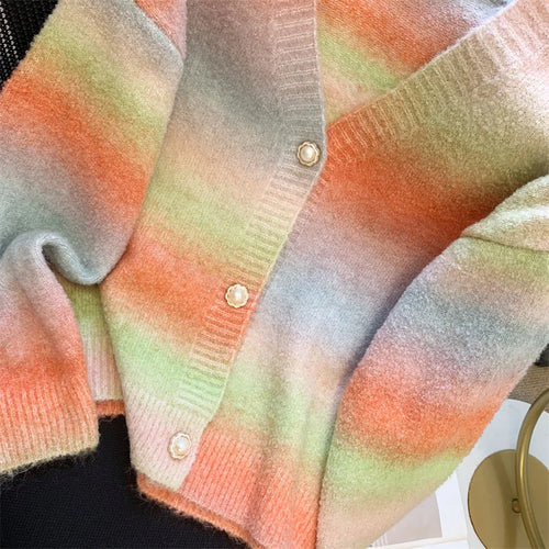 Load image into Gallery viewer, Autumn Winter French Retro Rainbow Colorblock Elegant Knitted Cardigan Tops Women V Neck Single Breasted Long Sleeve Sweater New
