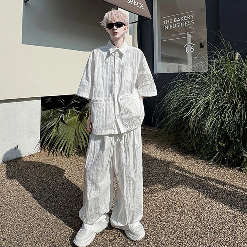 Men's Set New Summer Solid Color Wrinkled Short Sleeve Single Breasted Shirt Male Casual Elastic Waist Pants 9W1491