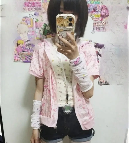 Japanese Kawaii Cartoon Print Summer Thin Short Sleeve Coat Women Vasual Cute Hooded Jacket Y2k Aesthetic Sweet Grunge Outwear