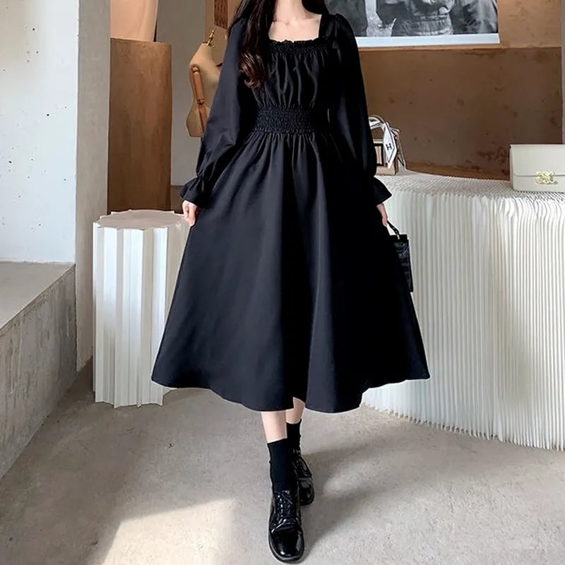 Vintage Black Dress Women French Elegant Square Collar Long Sleeve Midi Dress Autumn Ladies Retro Clothes Chic Korean