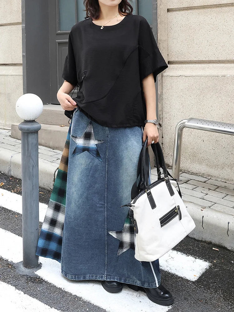 Women Black  Drawstring Big Size Casual T-shirt New Round Neck Short Sleeve Fashion Tide Spring Summer 2025 1DJ0427