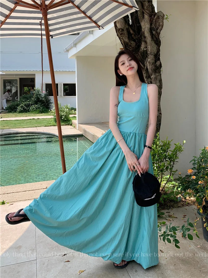 Korean Fashion 2024 Women's Blue High Waist Vacation Vest Long Dress Sleeveness O-neck Party Club Pleated Sundress Summer Simple