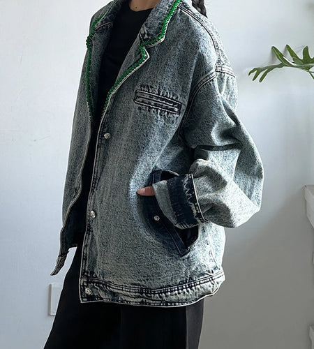 Blue Denim Rhinestones Big Size Casual Jacket New Lapel Long Sleeve Women Coat Fashion Tide Spring Autumn 2025 1DH9669