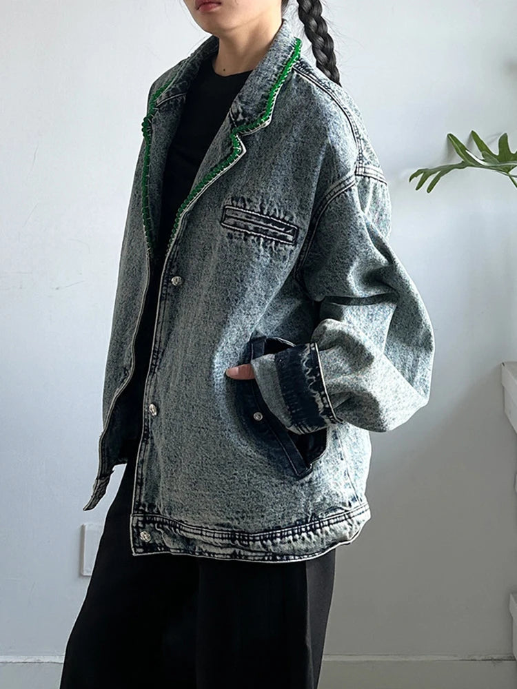 Blue Denim Rhinestones Big Size Casual Jacket New Lapel Long Sleeve Women Coat Fashion Tide Spring Autumn 2025 1DH9669