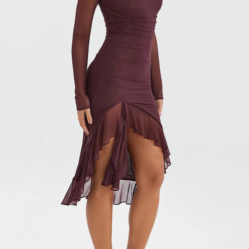 Load image into Gallery viewer, Elegant Ruffle Ruched Midi Dress For Women Robe Sheer Long Sleeve Backless Irregular Club Party Sexy Dress Vestido
