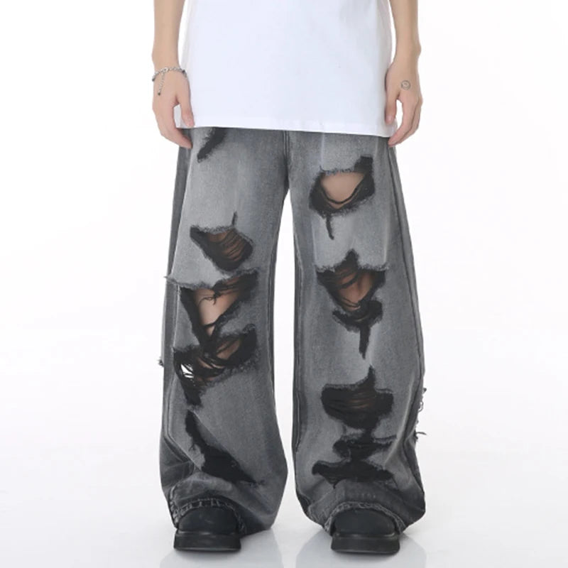 High Street Male Jeans Hole Worn-out Bagger Men's Wide Leg Denim Pants Hip Hop Summer New Fashion Men Clothing 9W194