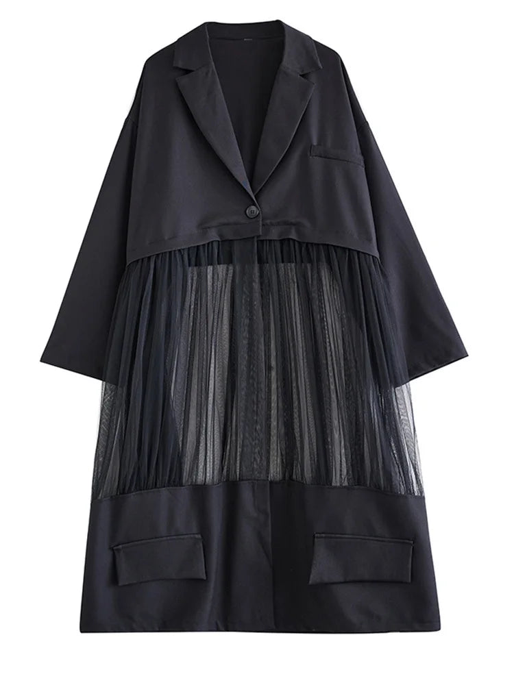 Black Mesh Perspective Big Size Long Jacket New Lapel Long Sleeve Women Coat Fashion Tide Spring Autumn 2025 1DJ0333