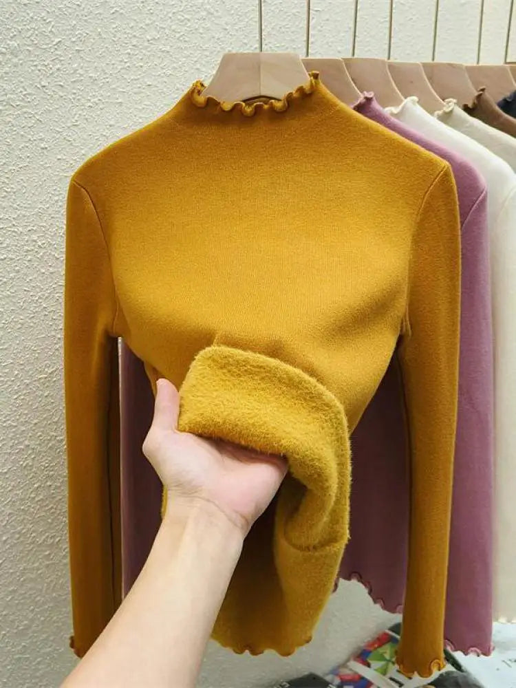 Autumn Winter Korean Solid Half Height Collar Velvet Knit Sweater Women Fashion Warm Long Sleeve Festival Pullovers Tops Casual