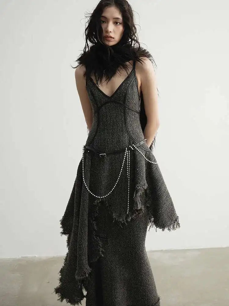 Women 25% Wool Irregular Tassels Burr Hem Vintage Dress New V-Neck Sleeveless Fashion Tide Autumn Winter 2025 1DH4036