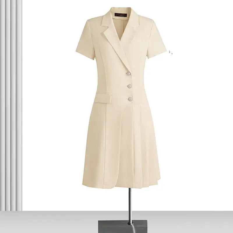 Korean Solid Office Professional Workwear Blazer Dress For Women 2024 Summer Short-sleeve Single Breasted Festival Pleated Dress