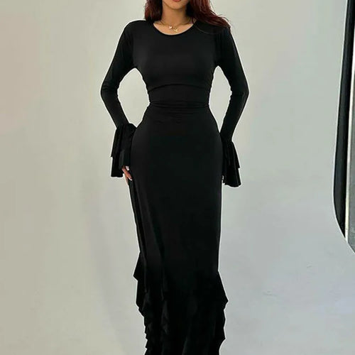 Load image into Gallery viewer, Lace-up Long Flare Sleeve Maxi Dress For Women Gown Autumn New Fashion O Neck Loose Ruffled Sexy Long Dress Elegant
