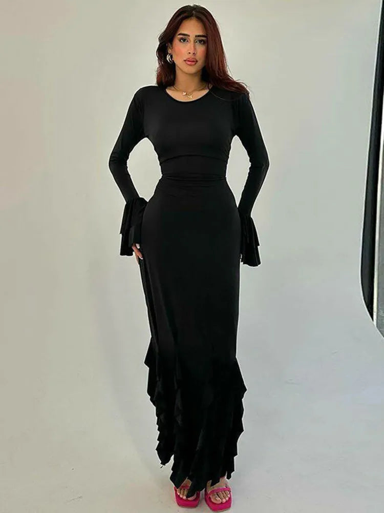 Lace-up Long Flare Sleeve Maxi Dress For Women Gown Autumn New Fashion O Neck Loose Ruffled Sexy Long Dress Elegant