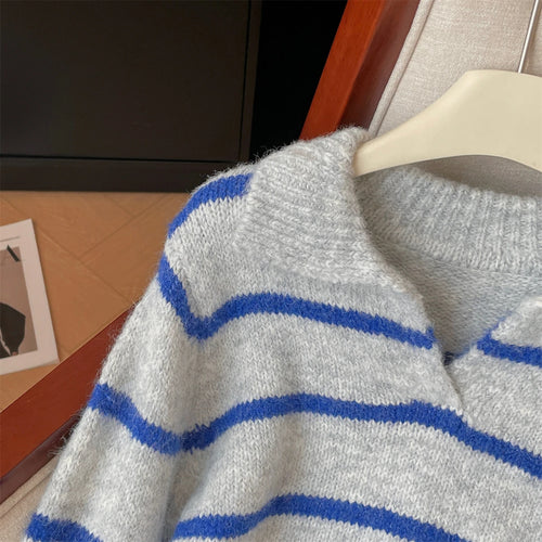 Load image into Gallery viewer, Autumn Winter Grey Blue Striped Patchwork Long Sleeves Sweater Korean Fashion Women's Short Knitted Tops Casual Versatile Trendy
