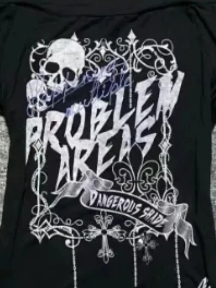 Fashion Y2k Aesthetic Oversleeve T-Shirts Slash Neck Gothic Skull Letter Print T Shirt Punk Harajuku Irregular Tees Streetwear