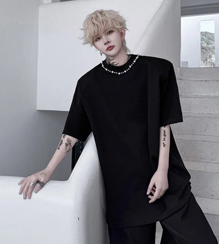 Men's Short Sleeved T-shirts Summer Solid Color Round Neck Collar Handmade Nail Bead Decoration Male Casual T-shirt 9W1500