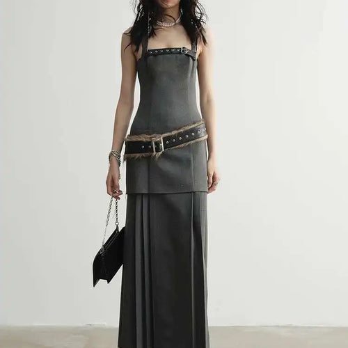 Load image into Gallery viewer, Women Geay Leather Hem Pleated Wool Belt Long Elegant Dress New Halter Sleeveless Fashion Tide Spring Autumn 2025 1DH7227
