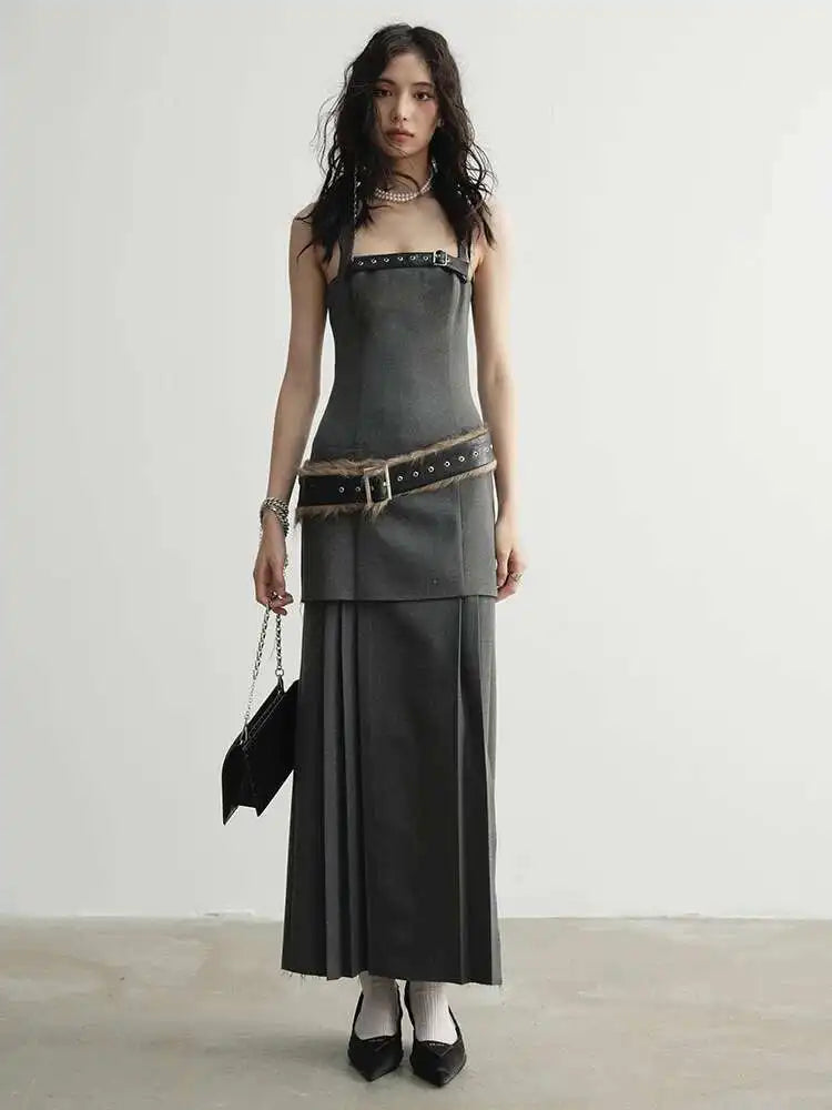 Women Geay Leather Hem Pleated Wool Belt Long Elegant Dress New Halter Sleeveless Fashion Tide Spring Autumn 2025 1DH7227