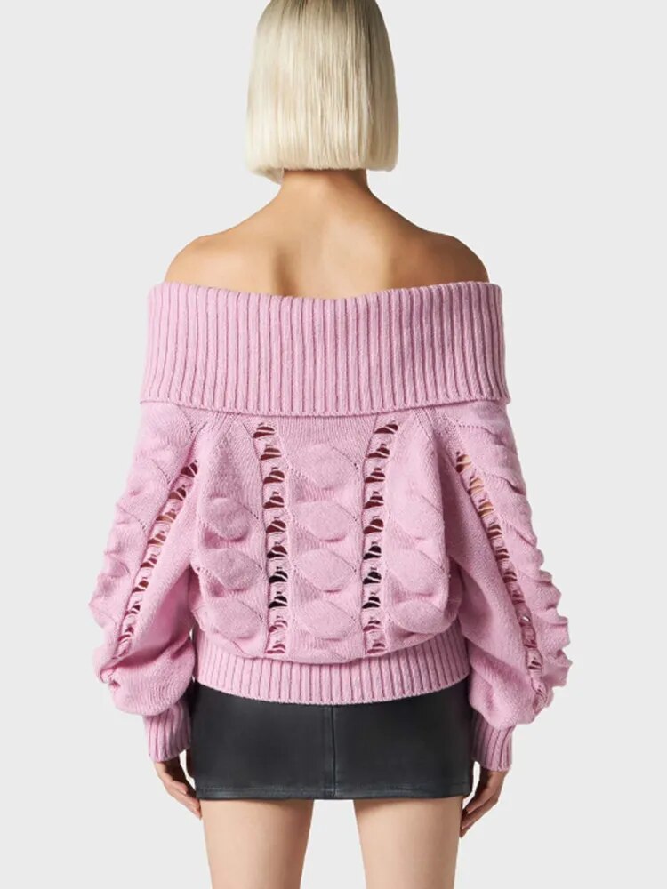 Solid Hollow Out Knitting Sweaters For Women Slash Neck Long Sleeve Cold Shoulder Temperament Sexy Sweater Female