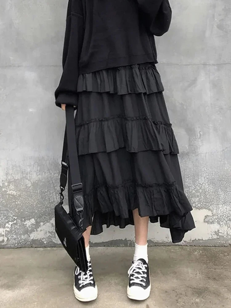 Women's Patchwork Asymmetrical High Low Pleated Skirt New Version  High Waisted Fashion Solid Color Half Skirt Versatile Style