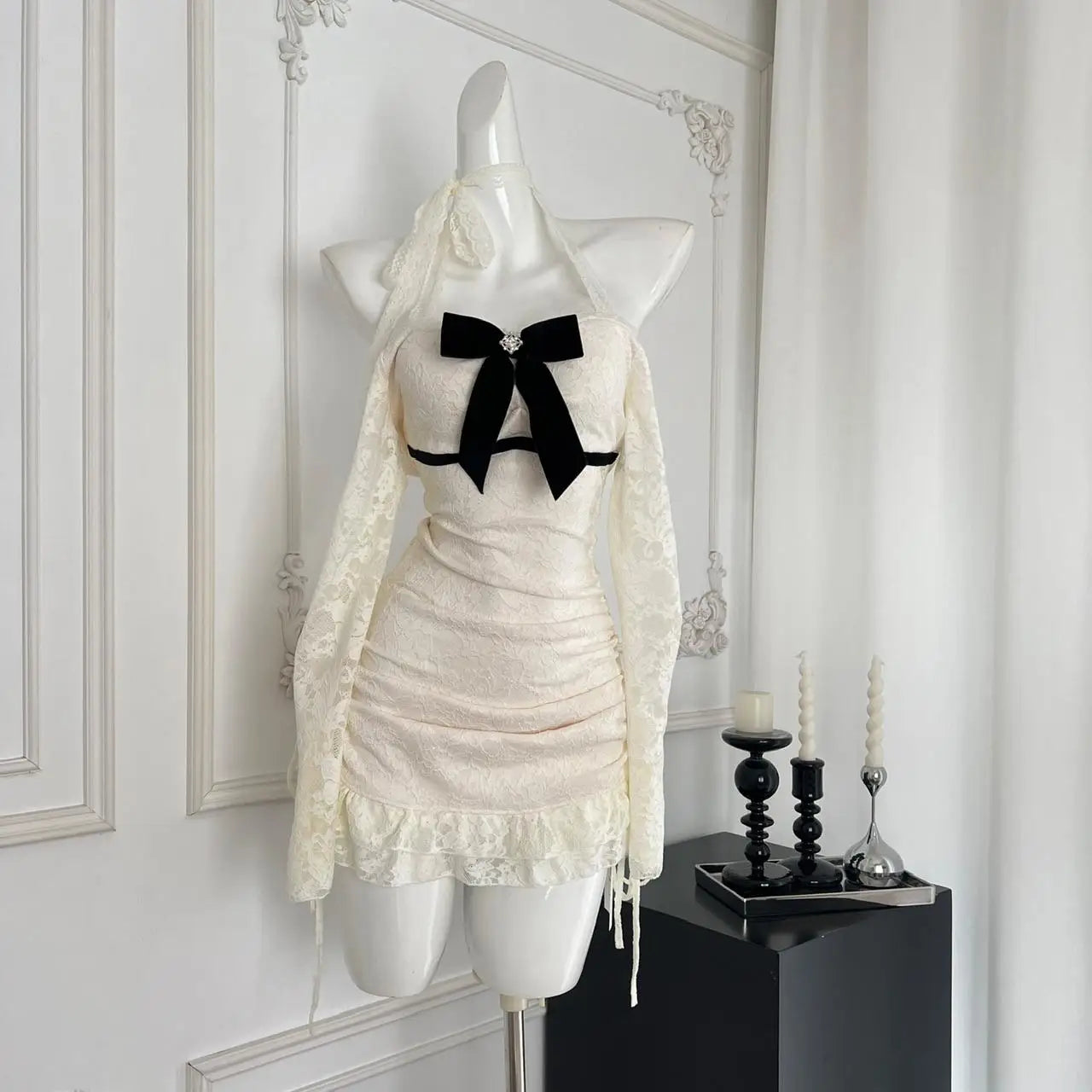 Autumn Winter Fashion Beige Lace Elegant Slim Birthday Party Dresses For Women's New Long Sleeves Ruffles Bow Halter Short Dress