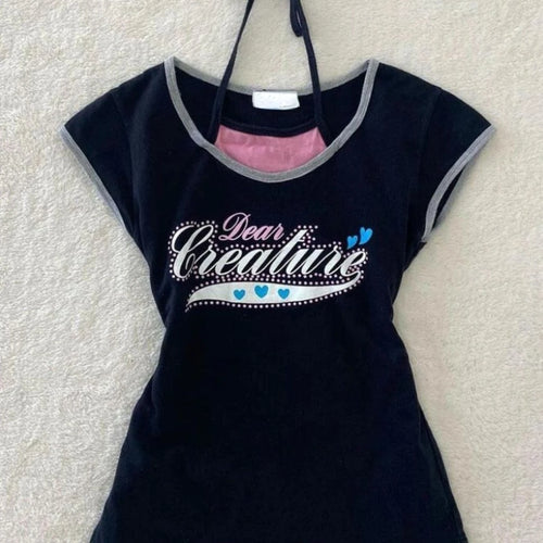 Load image into Gallery viewer, Two Pieces Set T-shirt Halter Patchwork Slim Casual Letter Cropped Top Women Y2k Aesthetic Summer Contrast Color Grunge Tees

