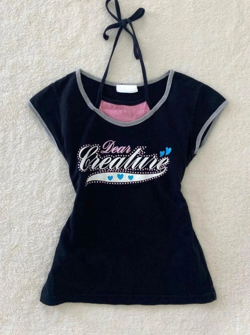 Two Pieces Set T-shirt Halter Patchwork Slim Casual Letter Cropped Top Women Y2k Aesthetic Summer Contrast Color Grunge Tees