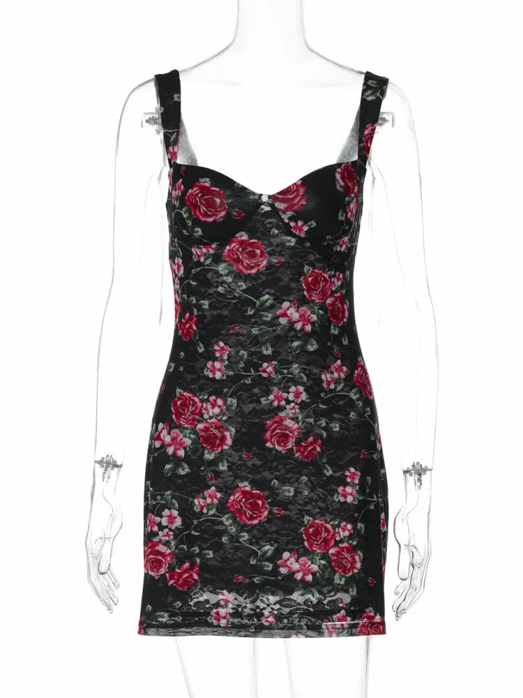 Mesh Print Sexy Mini Dress Women Summer New Spaghetti Strap Sleeveless Backless High Waist Beach Ruched Club Dress