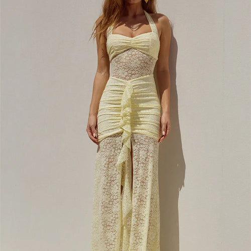 Load image into Gallery viewer, Lace Draped Ruched Sexy Maxi Dress Women Summer Patchwork Halter Sleeveless Backless Bodycon Club Long Dress Elegant
