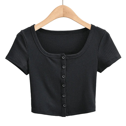 Load image into Gallery viewer, Women Rib Button Through Short Sleeve Top
